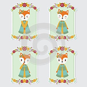 Cute foxes on flower frames suitable for gift tag set design