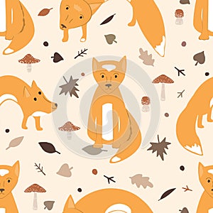 Cute foxes, mushrooms and autumn leaves doodle seamless pattern. Fall nursery forest vector background
