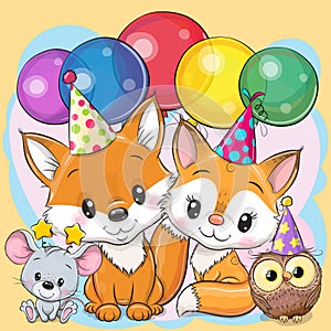 Cute Foxes, owl and mouse with balloon and bonnets