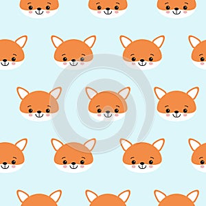 Cute foxes seamless vector pattern. Orange fox s head on blue background