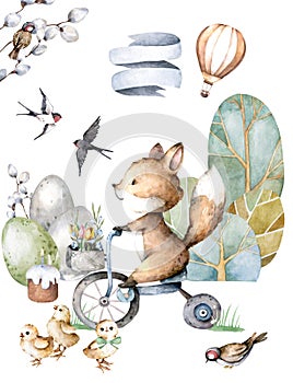 Cute Foxy on bike. Easter set for greeting card. Hand drawn watercolor forest animals. Woodland cartoon collection