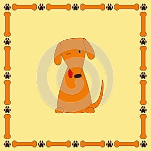 Cute foxy dog with protruding tongue in frame with bones and paw