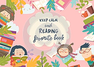 Cute frame composed of children reading books