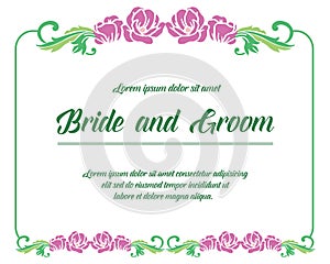 Cute frame with purple flower and green leaves, for decoration of template bride and groom. Vector