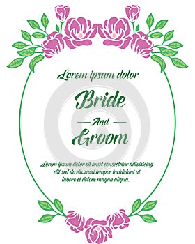 Cute frame with purple flower and green leaves, for decoration of template bride and groom. Vector