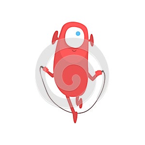 Cute Freaky Red One Eyed Monster Skipping Rope, Funny Friendly Alien Cartoon Character Vector Illustration