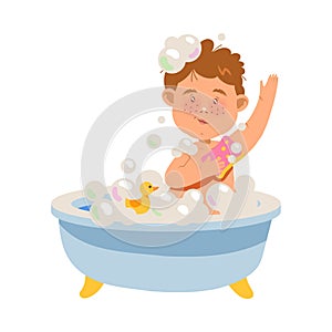 Cute Freckled Boy Sitting in Bathtub and Bathing with Soap Vector Illustration