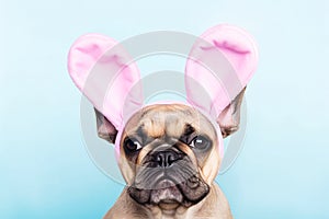 Cute French Bulldog dog wearing pink Easter bunny ears in fornt of blue studio background