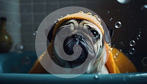 Cute French bulldog gets pampered in indoor shower, looking sad generated by AI