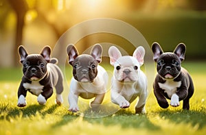 Cute French Bulldog puppies enjoying playtime running merrily across a green lawn. Puppy day, the joy of pets, dog
