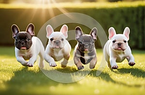 Cute French Bulldog puppies enjoying playtime running merrily across a green lawn. Puppy day, the joy of pets, dog