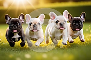 Cute French Bulldog puppies enjoying playtime running merrily across a green lawn. Puppy day, the joy of pets, dog