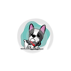 Cute french bulldog puppy with red headphones on neck icon