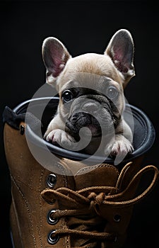 A cute French bulldog puppy is sitting in a brown shoe on a black background.