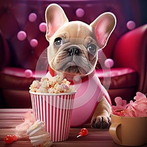 A cute French bulldog puppy, watching a movie with popcorn in front of him. photo