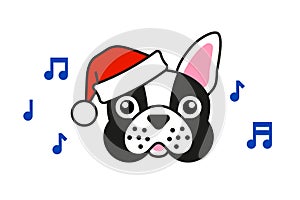 Cute French bulldog in santa hat sings carols