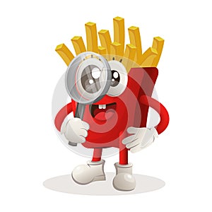Cute french fries mascot conducting research, holding a magnifying glass