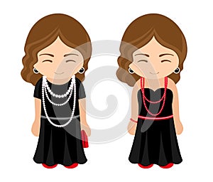 Cute french girls in a little black dresses with beads.