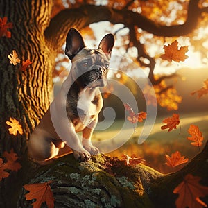 Cute frenchie dog on an old tree in autumn