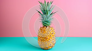 Cute fresh pineapple in tropical colors over blue and pink background, conceptual, copy space for text.