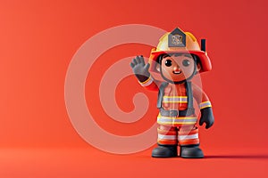 A cute friendly 3d fire fighter character waving to the camera. 3D Rendering style illustration