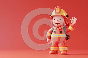 A cute friendly 3d fire fighter character waving to the camera. 3D Rendering style illustration