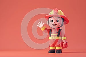 A cute friendly 3d fire fighter character waving to the camera. 3D Rendering style illustration