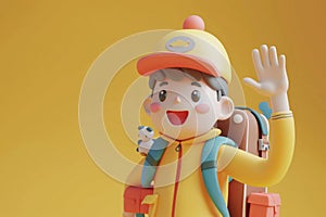 A cute friendly 3d hiking character waving to the camera. 3D Rendering style illustration