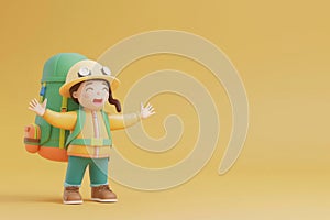 A cute friendly 3d hiking character waving to the camera. 3D Rendering style illustration