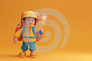 A cute friendly 3d hiking character waving to the camera. 3D Rendering style illustration
