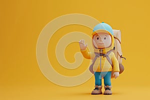 A cute friendly 3d hiking character waving to the camera. 3D Rendering style illustration