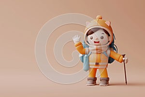 A cute friendly 3d hiking character waving to the camera. 3D Rendering style illustration