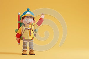 A cute friendly 3d hiking character waving to the camera. 3D Rendering style illustration