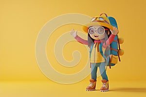 A cute friendly 3d hiking character waving to the camera. 3D Rendering style illustration