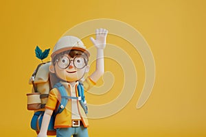 A cute friendly 3d hiking character waving to the camera. 3D Rendering style illustration