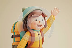 A cute friendly 3d hiking character waving to the camera. 3D Rendering style illustration