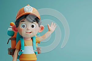 A cute friendly 3d hiking character waving to the camera. 3D Rendering style illustration