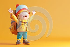 A cute friendly 3d hiking character waving to the camera. 3D Rendering style illustration