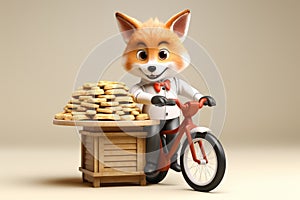 Cute and friendly animal with big eyes and glasses riding bicycle for food delivery concept
