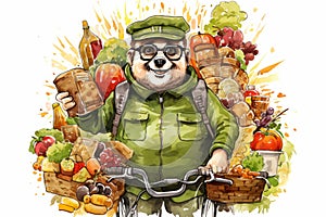 Cute and friendly animal with big eyes and glasses riding a bicycle for food delivery concept