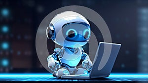 Cute friendly articifial intelligence robot using laptop computer with blue neon glow light, chatbot and AI assistant concept