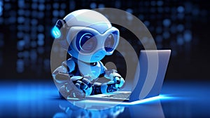 Cute friendly articifial intelligence robot using laptop computer, chatbot and AI assistant concept futuristic technology 3d