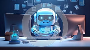 Cute friendly articifial intelligence robot working in office, chatbot and AI assistant concept futuristic technology cartoon