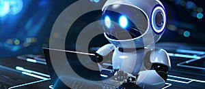Cute friendly artificial intelligence robot using laptop computer with purple neon glow light, chatbot and AI assistant