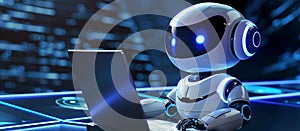 Cute friendly artificial intelligence robot using laptop computer with purple neon glow light, chatbot and AI assistant