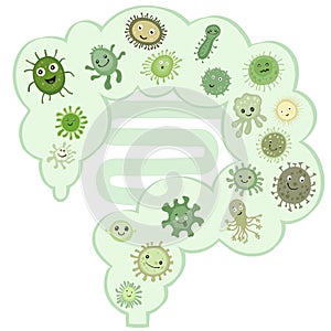 cute and friendly bacteria inside the human intestine, representing the gut microbiome