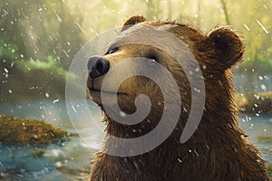 Cute and friendly bear in dream world, surrounded by vaporous patches of light photo