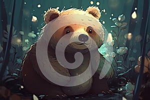 Cute and friendly bear in dream world, surrounded by vaporous patches of light photo