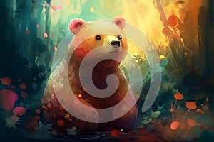 Cute and friendly bear in dream world, surrounded by vaporous patches of light photo