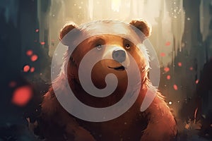 Cute and friendly bear in dream world, surrounded by vaporous patches of light photo